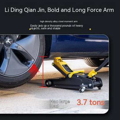 Horizontal hydraulic trolley jack for car tyre changes with low profile design and handle
