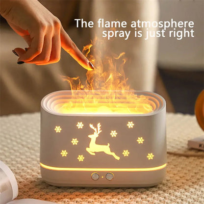 White round Elk flame effect humidifier and essential oil diffuser on a surface with mist and light on.