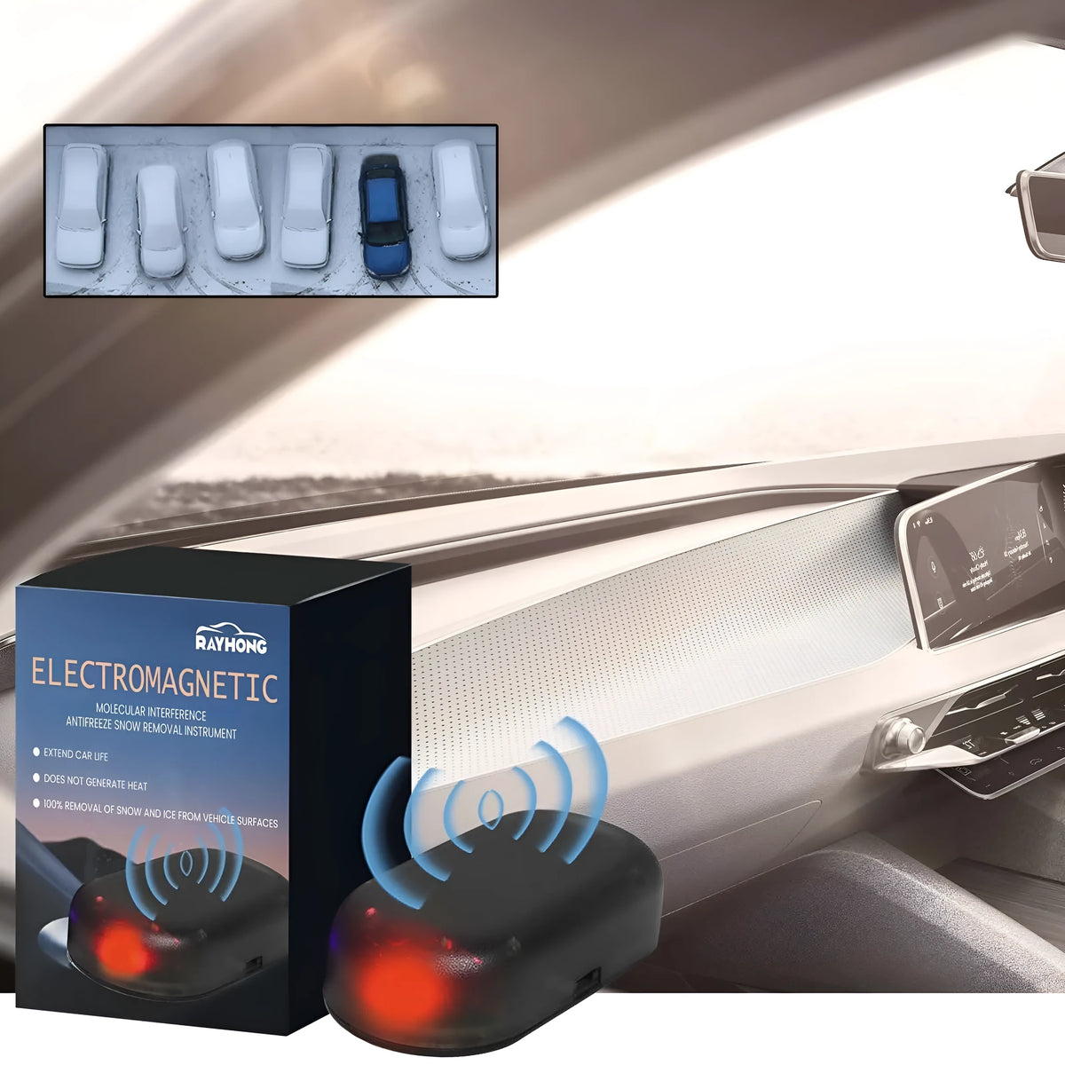 Black compact car de-icing tool for melting sleet and snow on vehicle windscreens.