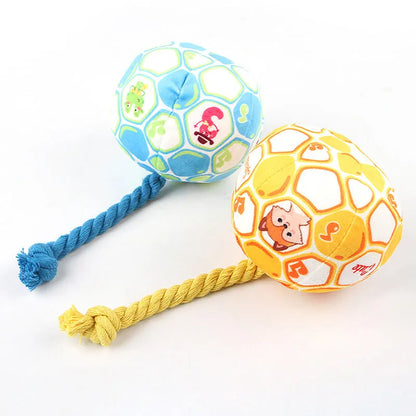 Cotton rope elastic football dog toy in bright cartoon colours for chewing and interactive play