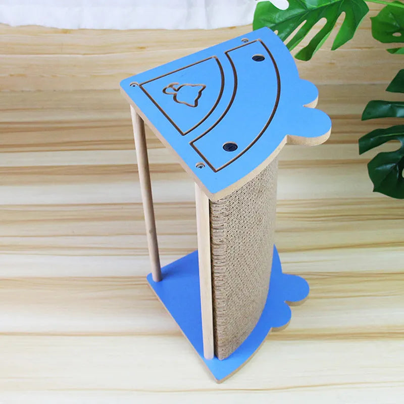Grey corner cat scratcher with replaceable cardboard board and hanging red ball