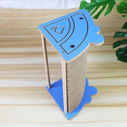 Grey corner cat scratcher with replaceable cardboard board and hanging red ball