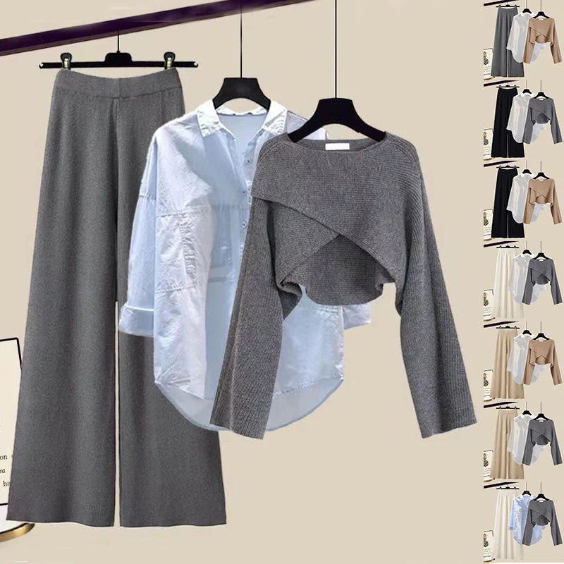 Women's 3-piece knitted sweater suit with shirt and wide-leg pants in grey and white