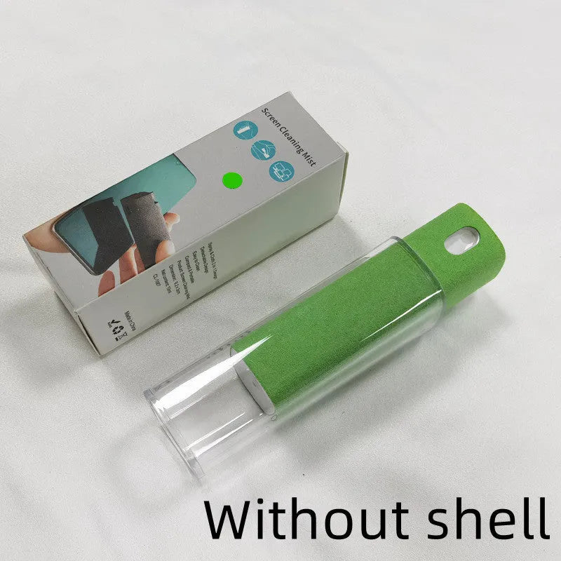 Portable all-in-one screen cleaner kit with protective shell, microfiber wipe, and internal fluid bottle.