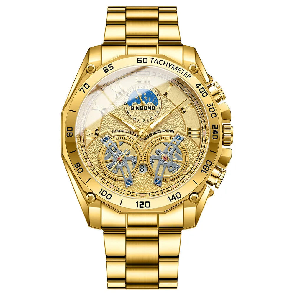 Men's hollow mechanical watch 11mm thick with visible movement and choice of gold, black steel, or white steel finish