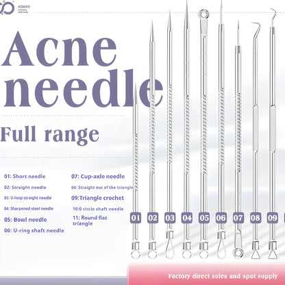 Four metal acne needles with ultra fine pointed tips for precise spot treatment skincare