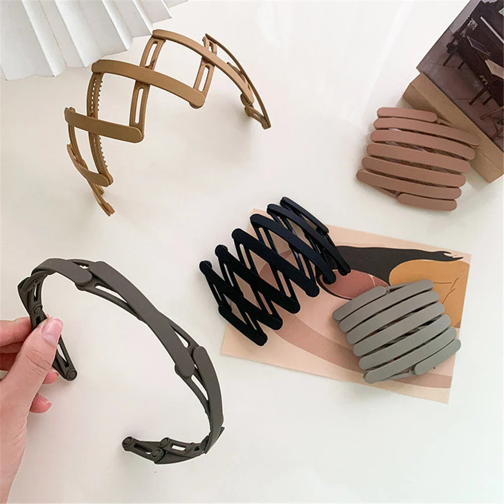 Compact retractable hair band with non-slip teeth grip, available in various colors for versatile styling