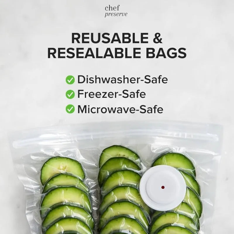 White USB electric vacuum suction pump with five clear 26x28cm plastic fresh-keeping zipper bags for food storage