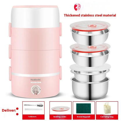 Portable plug-in insulated lunch box with stainless steel inner liner, shown in coffee and pink colour options.