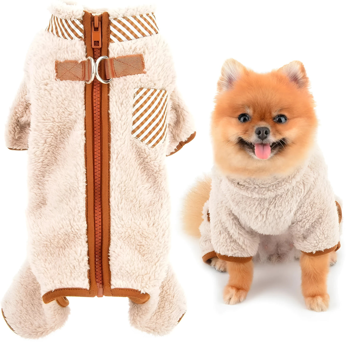 Green plush fleece dog jumpsuit on a small dog, showing the four-leg design and back zipper with D-ring.