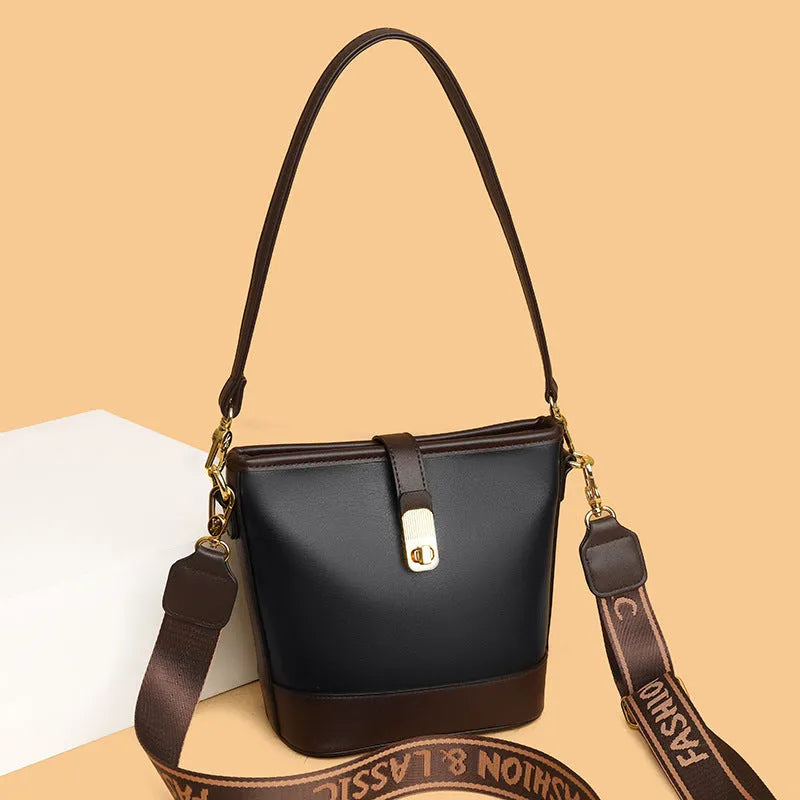 Soft black PU leather Korean style bucket bag with double shoulder straps and external pocket