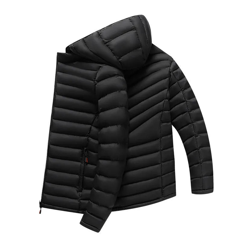 Men's solid-colour hooded down jacket with a detachable collar and zippered pockets.