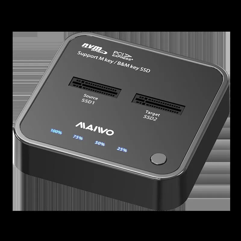 MAIWO K3016 M.2 SSD dock unit with inserted solid-state drive, connected via USB-C cable to a laptop.