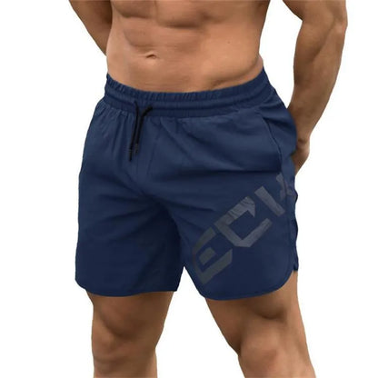 Man wearing black knee-length nylon training shorts with an elastic mid waist.