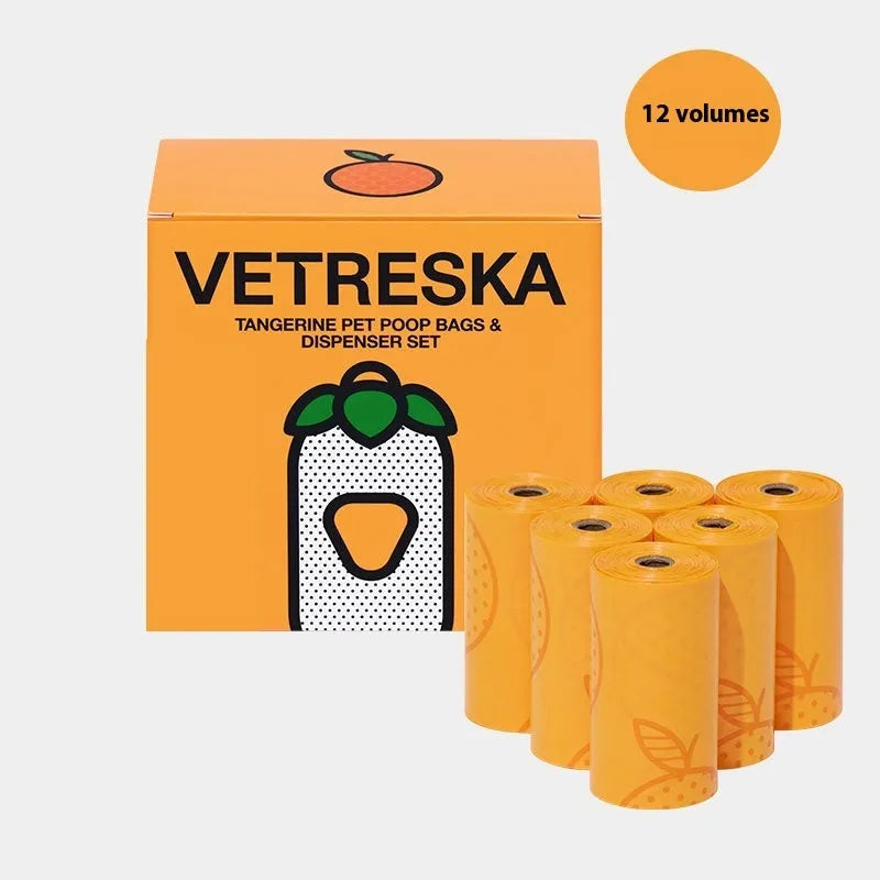 Dog poo bag dispenser capsule with roll of scented waste bags in strawberry, orange, or cherry blossom options