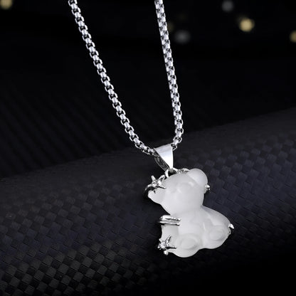 Cute little bear pendant necklace with white K-color finish and lock chain in alloy and titanium steel