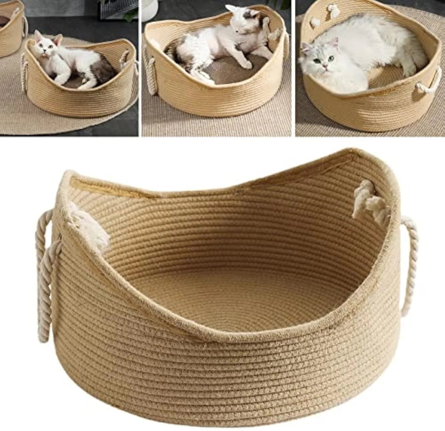 Wicker-style cat bed basket with integrated corrugated cardboard scratching surface, shown in a home setting.