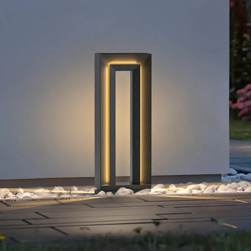 Square geometric garden lamp with abstract design in stainless steel acrylic, 62cm tall