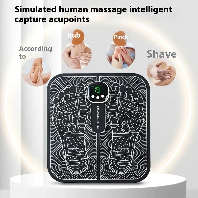 A blue rechargeable reflexology foot massager mat with a remote control on a wooden floor.