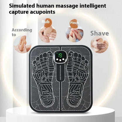 A blue rechargeable reflexology foot massager mat with a remote control on a wooden floor.