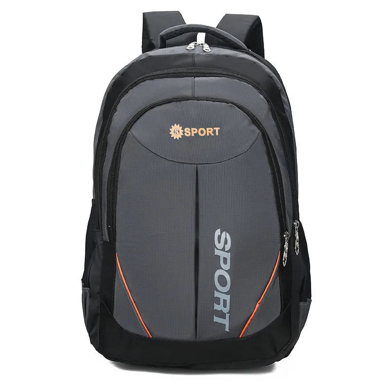Large black nylon backpack with curved shoulder straps and letter detailing, shown from the side.