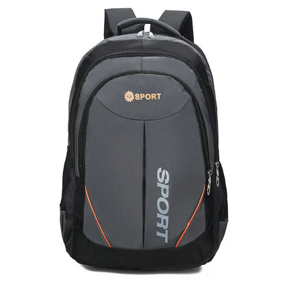 Large black nylon backpack with curved shoulder straps and letter detailing, shown from the side.