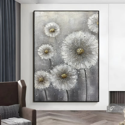 Hand painted white flower plant oil painting on grey canvas, large vertical unframed wall art