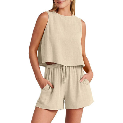 Women's apricot rayon linen summer suit set showing sleeveless top and drawstring shorts