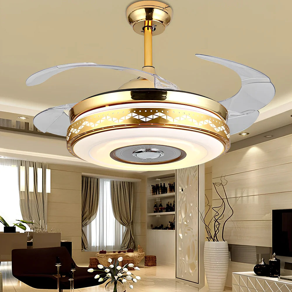 42-inch acrylic ceiling fan light in European style with Bluetooth music and gold three-tone LED, iron frame for living room installation