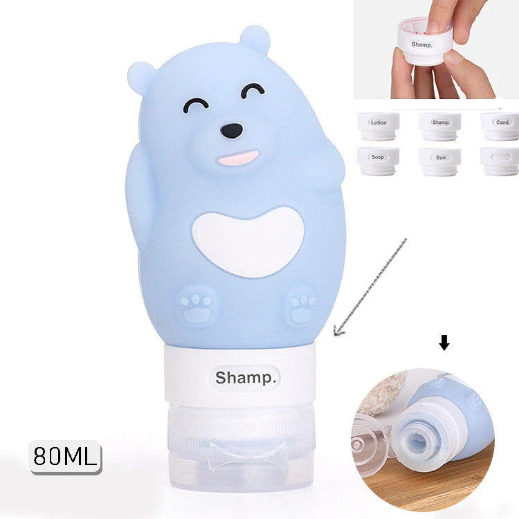 Portable animal-shaped silicone travel bottles for shampoo, shower gel, and lotion in various vibrant colors and designs