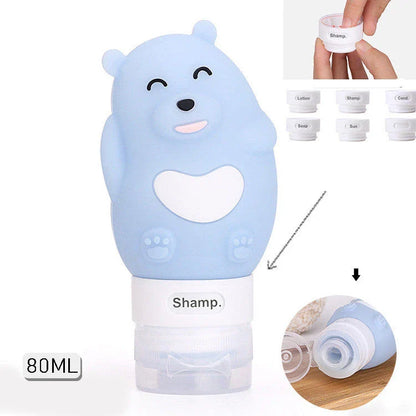 Portable animal-shaped silicone travel bottles for shampoo, shower gel, and lotion in various vibrant colors and designs