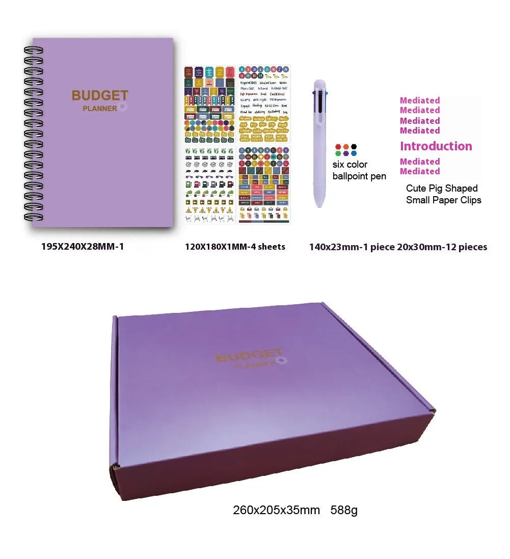 Purple coil-bound A5 budget notebook with pen, stickers and paper clips for financial planning