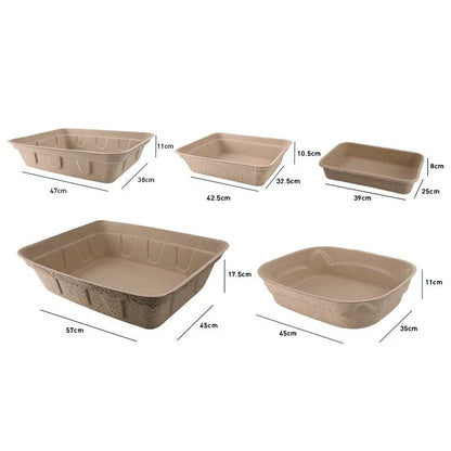 Brown disposable biodegradable cat litter box shown in three different size options