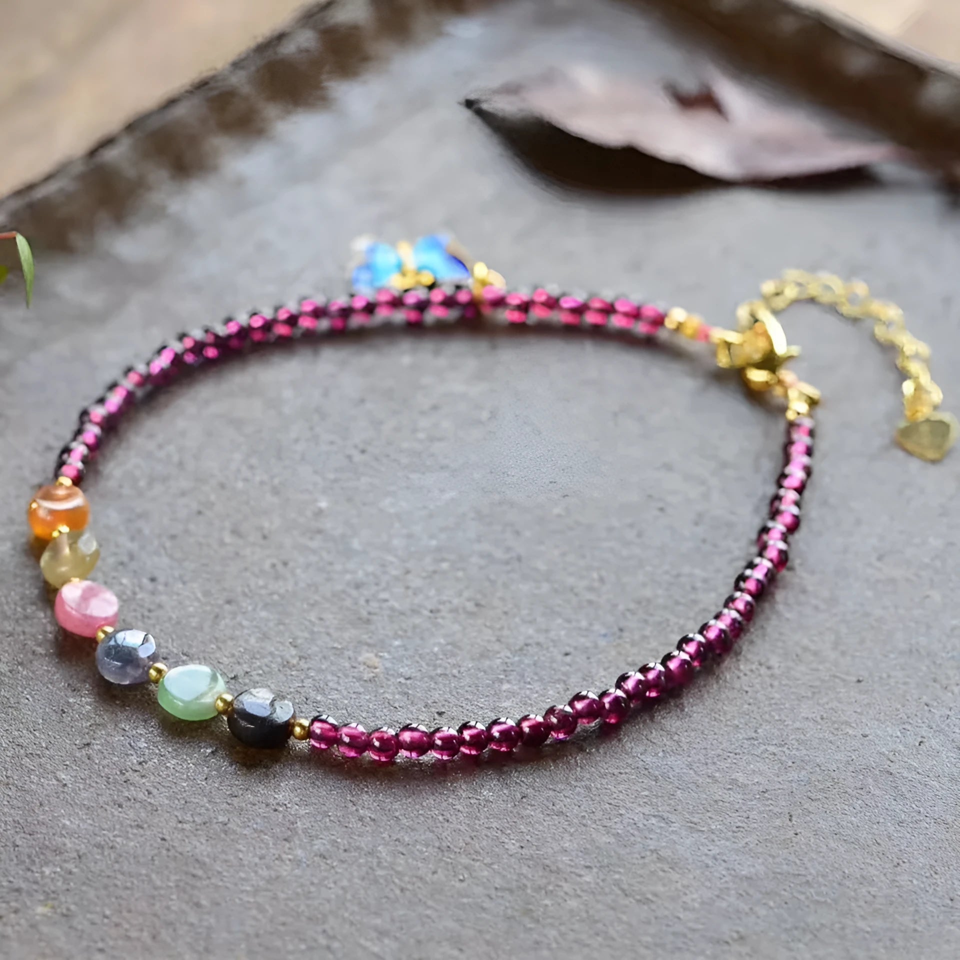 Women's garnet anklets with geometric design and purple gemstone beads