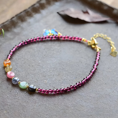 Women's garnet anklets with geometric design and purple gemstone beads