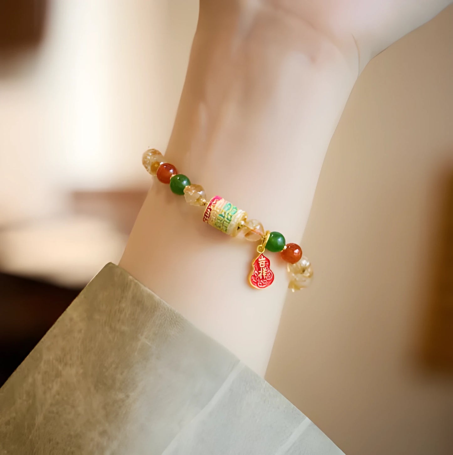 Citrine five sutra crystal bracelet with hand-woven geometric pattern and 6mm beads
