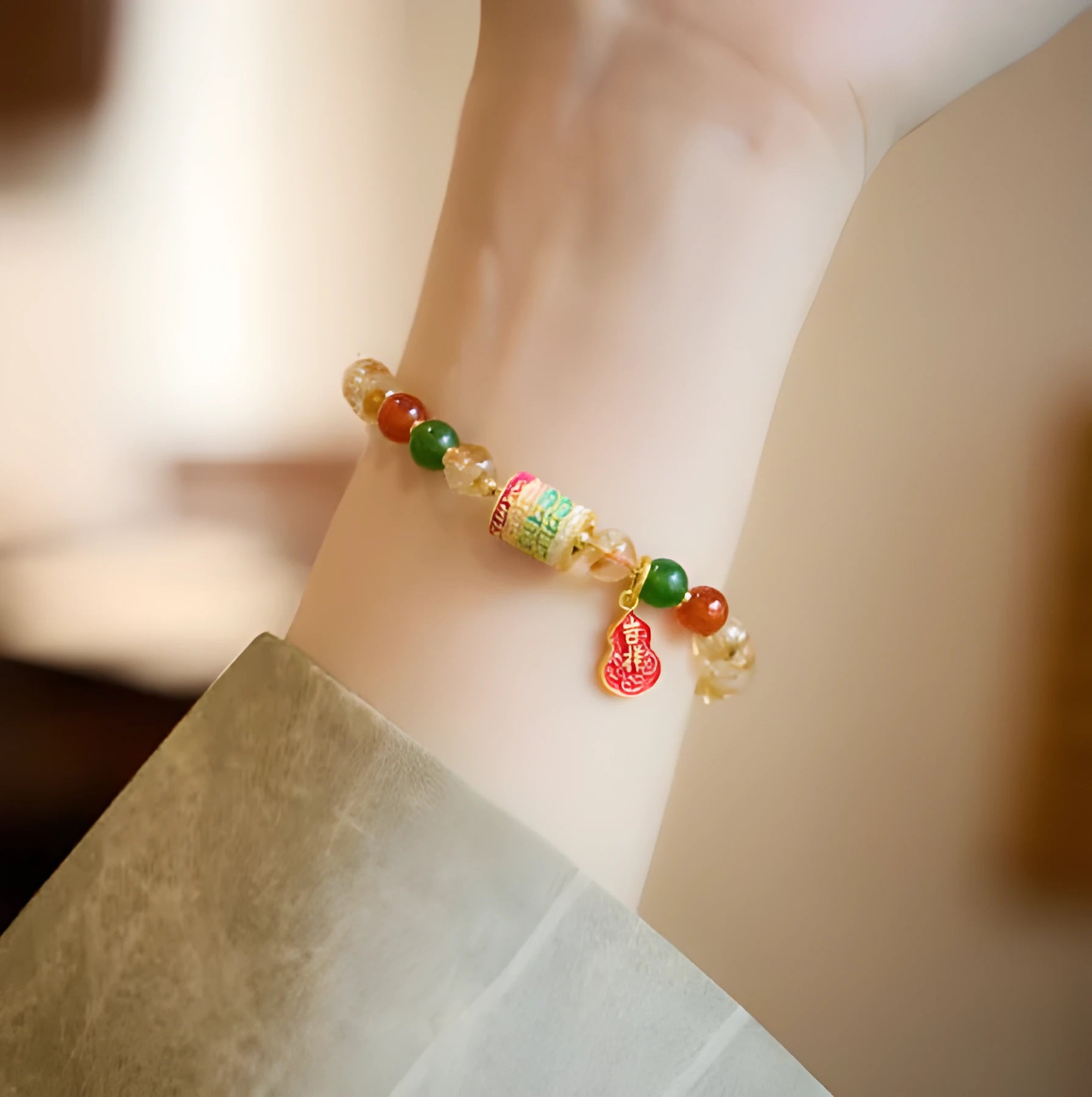 Citrine five sutra crystal bracelet with hand-woven geometric pattern and 6mm beads