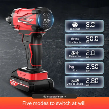 Red and black portable car wireless air pump with battery, cables, and multiple nozzles for tyres and sports equipment.