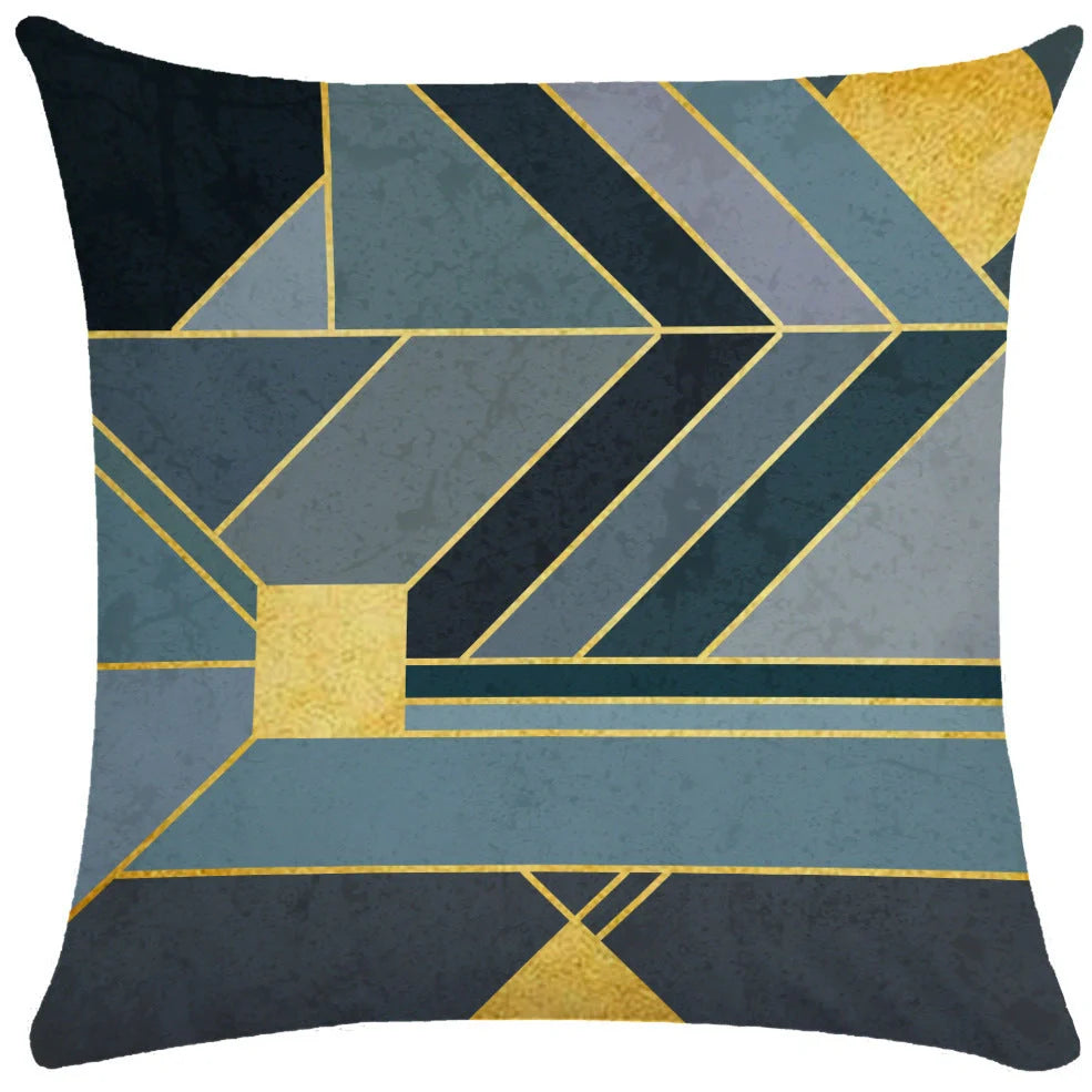 Geometric pattern throw pillow on office sofa showing 45x45cm size with ultra-flexible printing