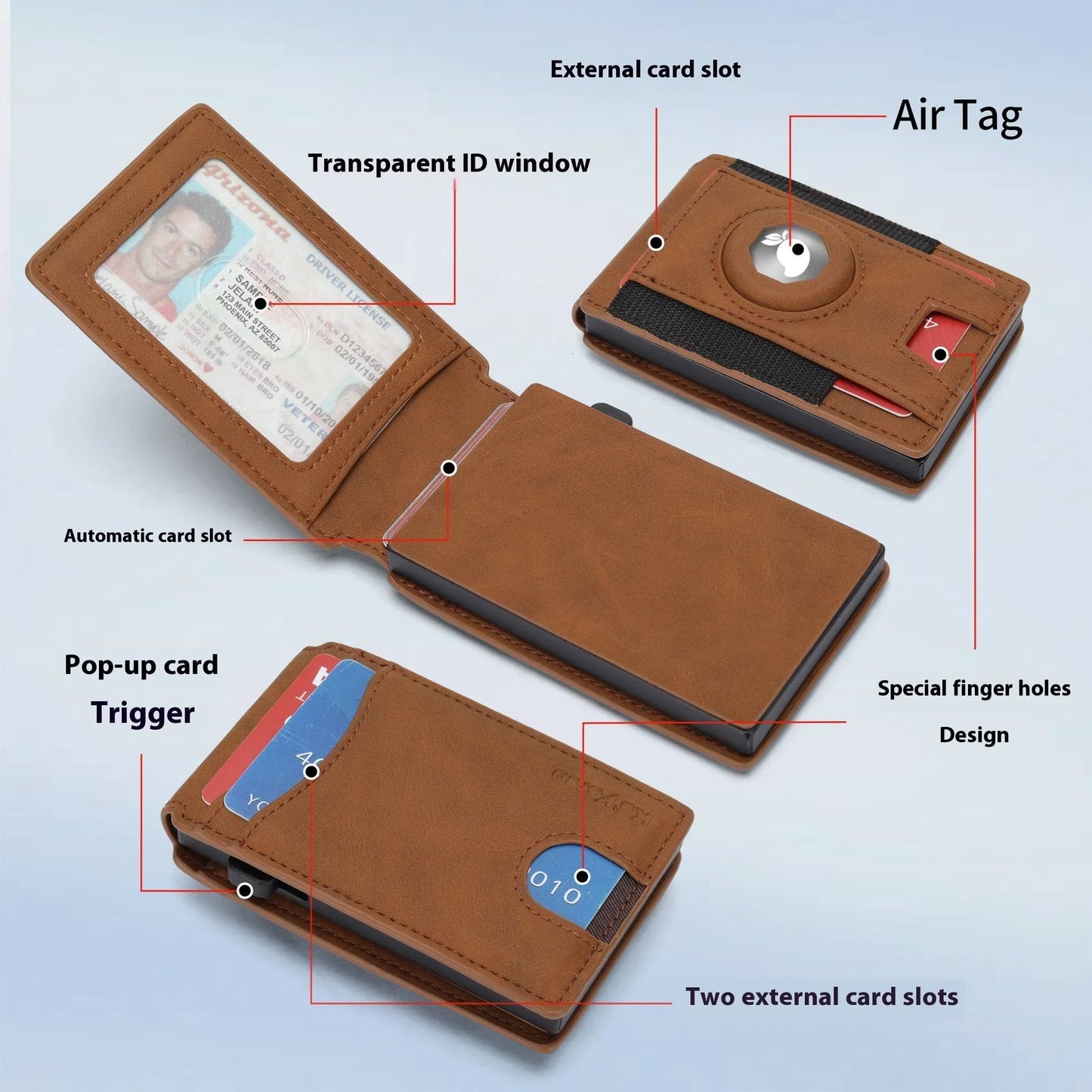 Slim men's synthetic leather card holder wallet shown in black, dark brown, and light brown.
