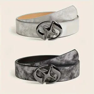 Retro thick women's belt with oval alloy buckle in earth style grey white colour