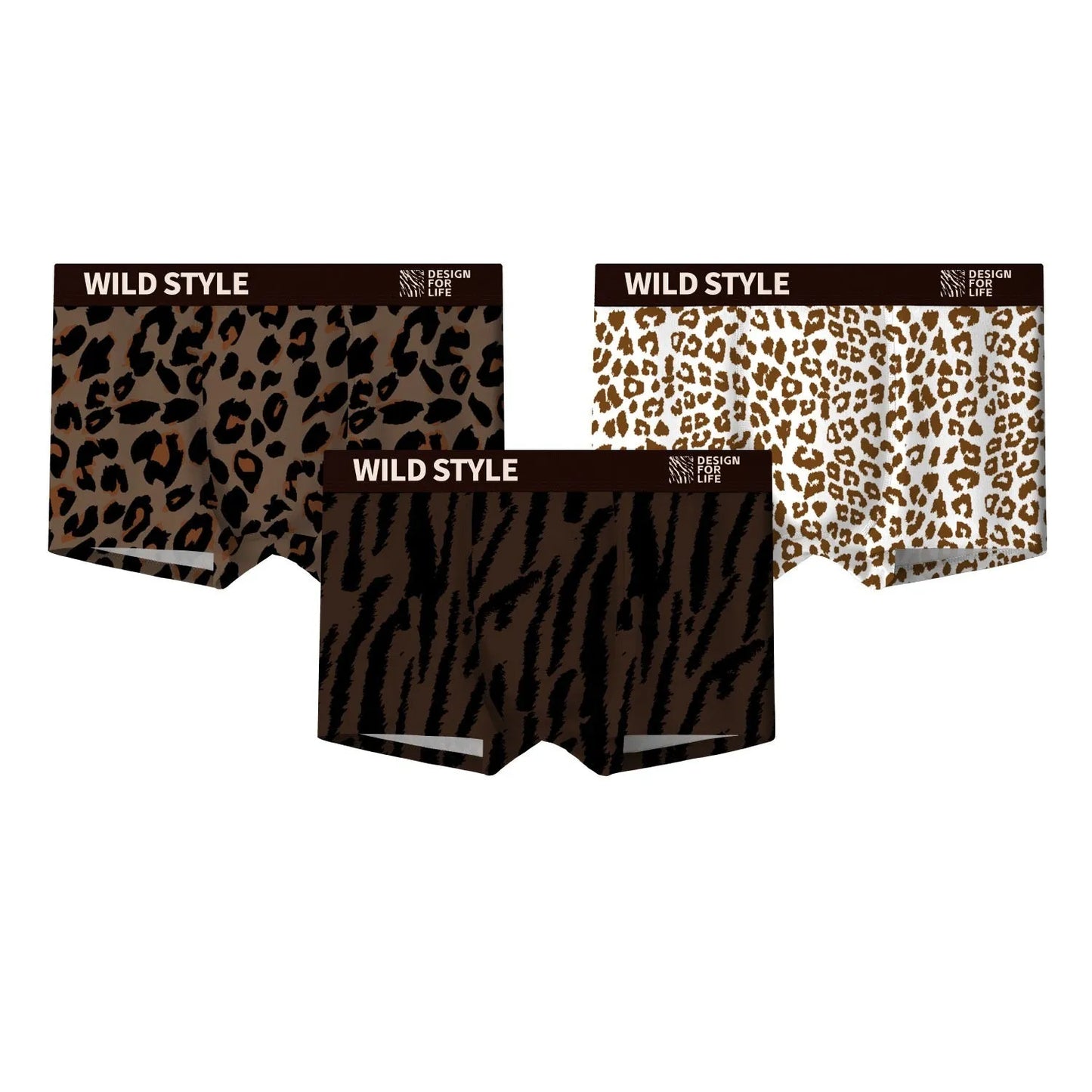 Men's leopard print polyester underwear trunks in mid waist style on a white background.