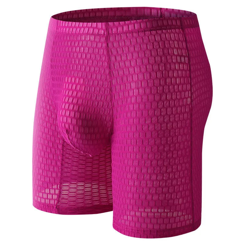 Men's solid-colour lace boxer shorts with a hip-lifting shaping design.