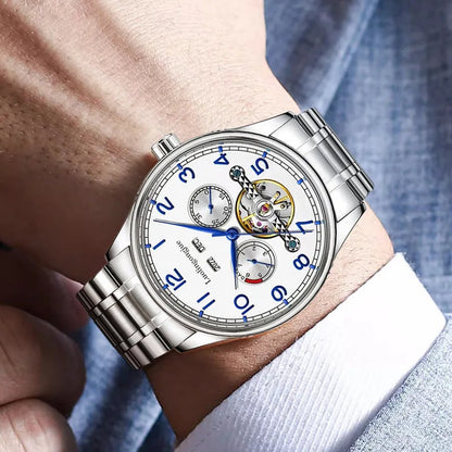 Men's stainless steel mechanical watch with sapphire crystal glass and leather strap showing transparent caseback