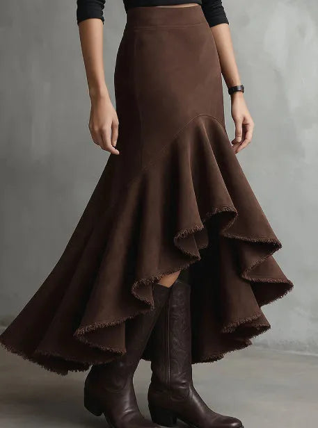 Western brown maxi skirt with high-low hemline and ruffle detailing in eco suede polyester