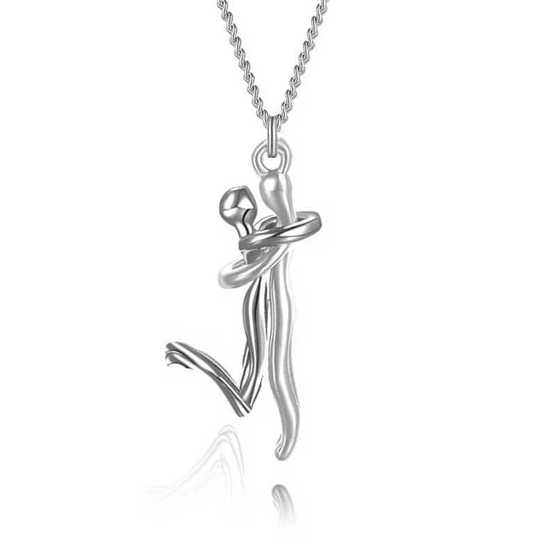 Elegant 18K plated love hug necklace with charming embrace-shaped pendant and delicate cross-chain design
