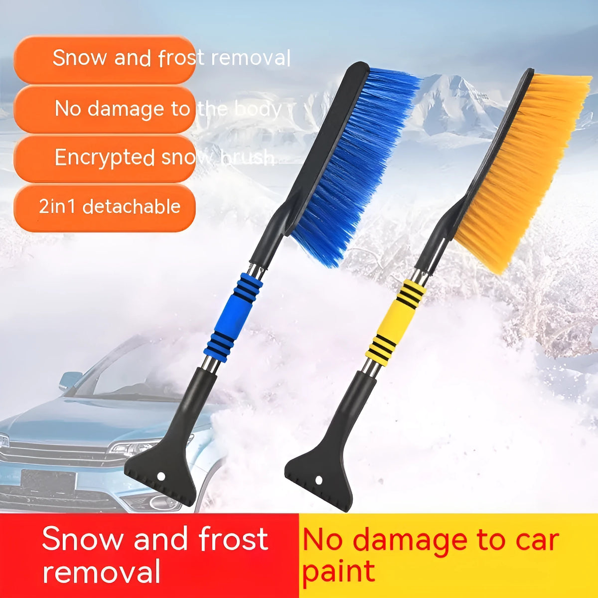 Yellow telescopic car snow scraper brush with thickened plastic snow ploughing blade for winter defrosting