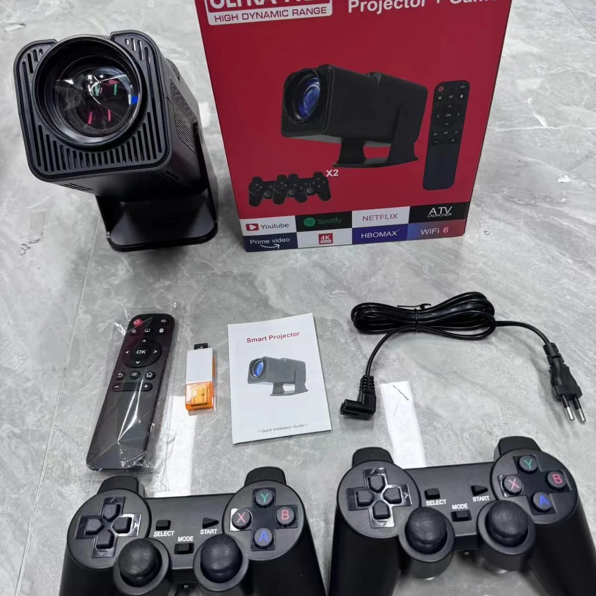 Handheld wireless HD game projector showing 720p resolution for home use.
