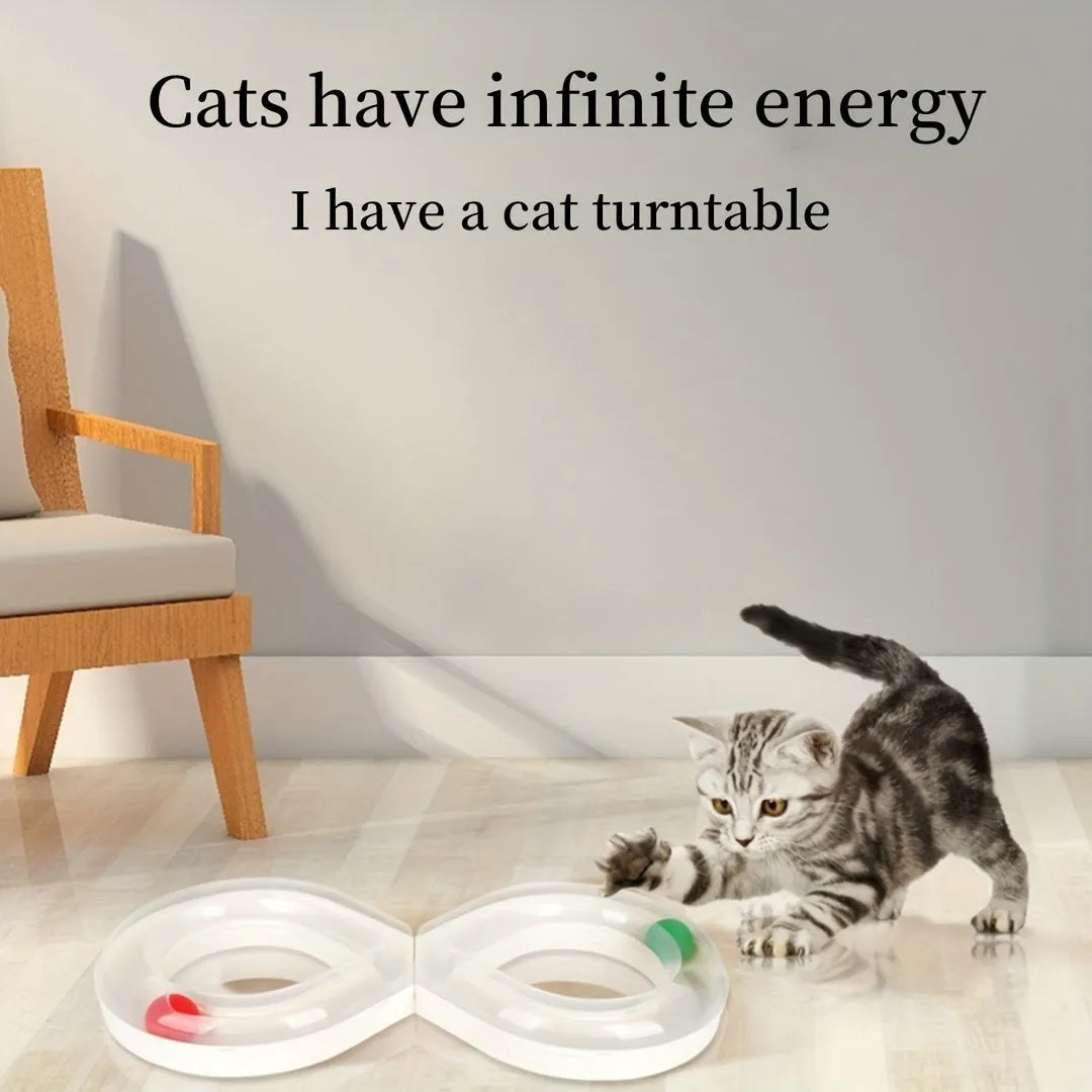 Interactive cat turntable track toy with ball system and teasing stick for feline enrichment