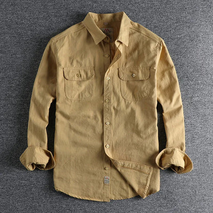 Men's retro British style cotton cardigan shirt in solid white or light blue with long sleeves